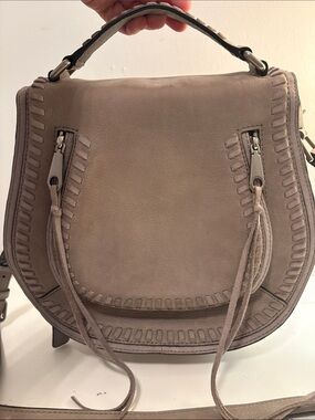 Rebecca Minkoff Boho Fringe Taupe Suede Whipstitch Crossbody Shoulder Bag